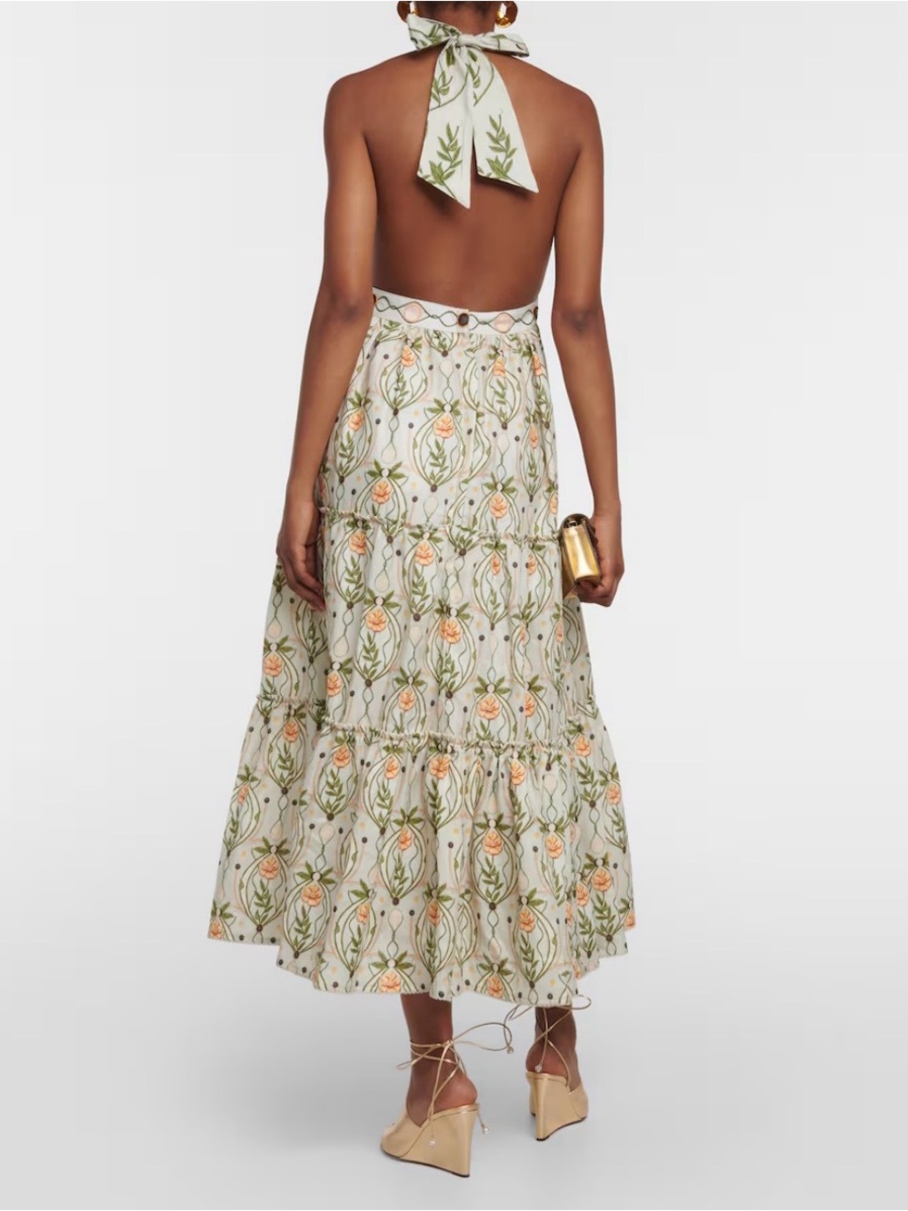 Agua Bendita Embroidered Halter Midi Dress in Cream, Green and Peach - Picture 3 of 13